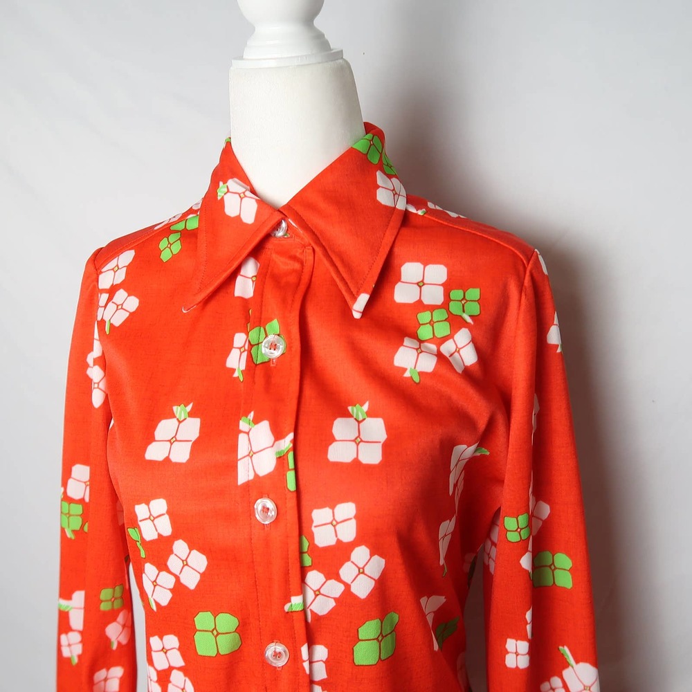 Vintage 70s red orange and white groovy floral mini shirt dress S - Picture 2 of 6